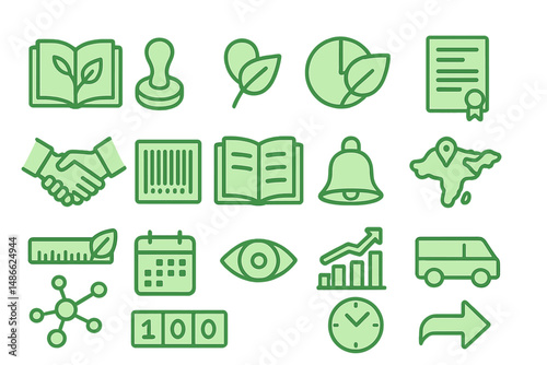 Various green icons representing education, business, and planning in a minimalistic design suitable for modern digital use