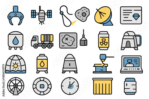 Various icons representing technology, space exploration, and environmental science showcased in a modern design