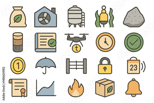 Collection of colorful icons representing various agricultural and environmental activities in a modern style