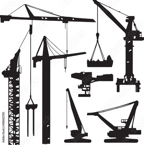 Black and White Construction Crane Silhouettes Set