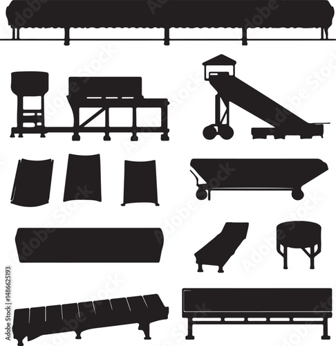 Black Silhouettes of Industrial Conveyor Systems and Equipment