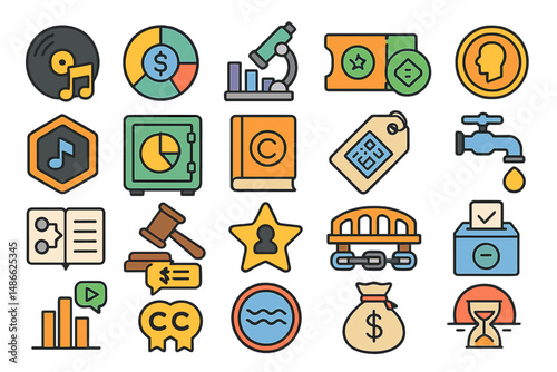 Creative icons representing various concepts in finance, music, and technology in a colorful design