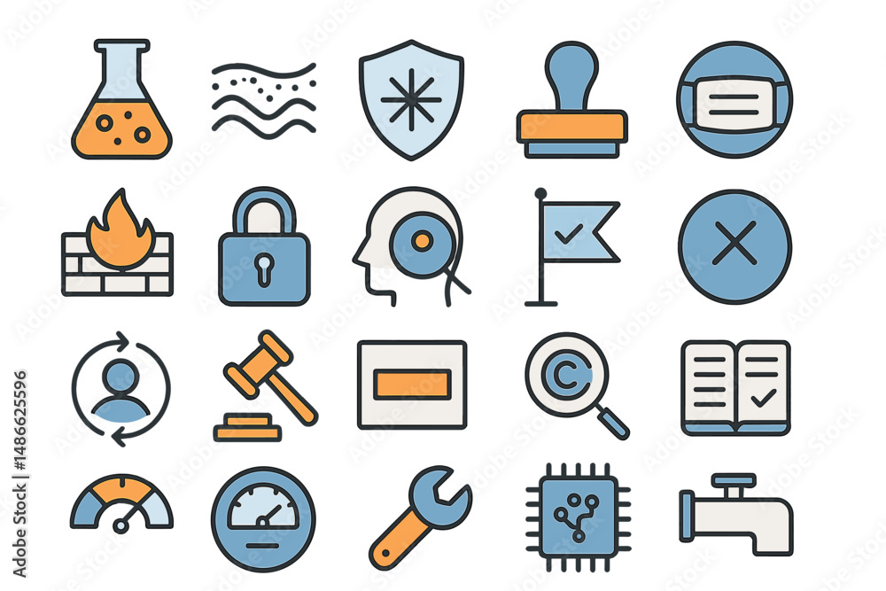 Fototapeta premium Icons representing various concepts in science, security, productivity, and technology for educational use