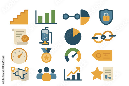 Visual elements representing data analysis, security, teamwork, and performance metrics in a modern design