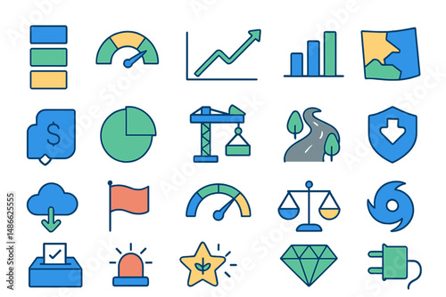 Collection of colorful icons representing various concepts in business, finance, and nature