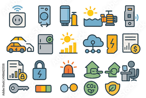 Icons representing renewable energy and smart home technology in a modern lifestyle setting