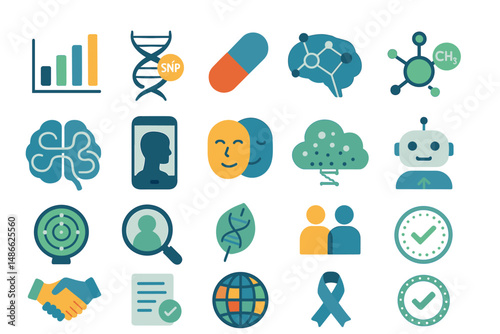Innovative icons representing health, technology, and science concepts in a colorful design featuring various symbols and graphics