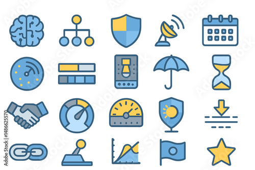 Icons representing various concepts including technology, communication, and data organization in a modern design