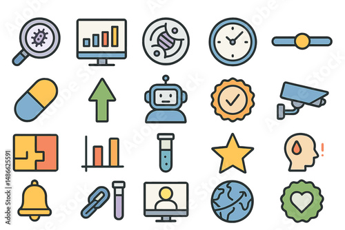 Collection of colorful icons representing technology, health, and science in a digital layout