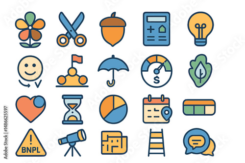Colorful collection of icons representing various concepts and activities in flat design style