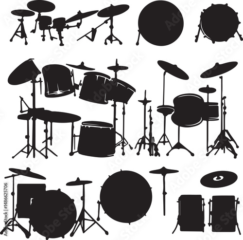 Black Silhouettes of Drum Kits and Cymbals