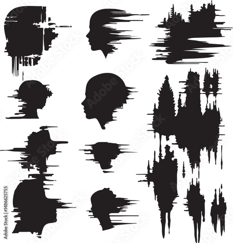 Abstract Glitch Art Head Silhouettes Vector Graphics