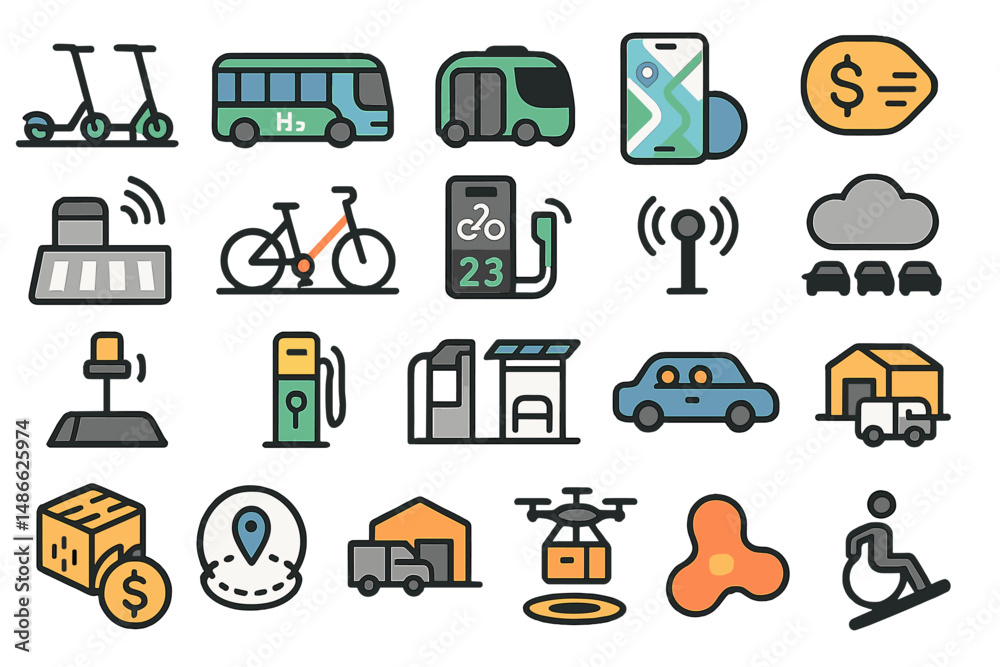 Various symbols representing urban transportation options and smart mobility services in a city environment Various symbols representing urban transportation options and smart mobility services in a city environment