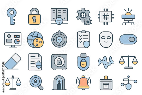 Collection of modern digital security icons representing various aspects of protection and data management in technology
