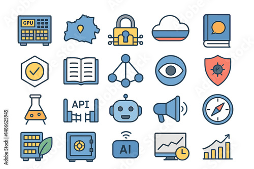 Icons representing technology, security, and data analytics in a digital ecosystem with various symbols