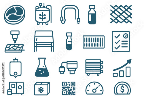 Twenty-one icons are used to visualize the steps involved in cellular-ag and GMP bioprocess from bioreactor to cold-chain logistics