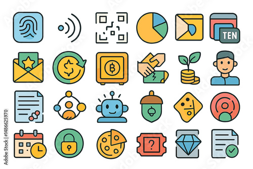 Collection of colorful icons representing digital technology concepts and activities in a modern design