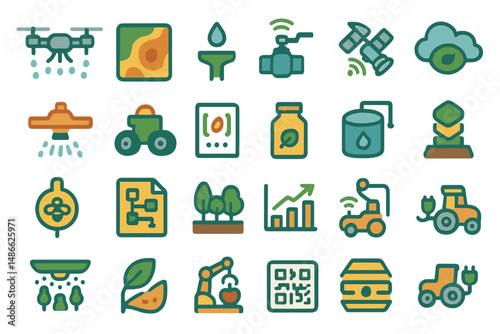 Exploring modern agricultural technology through icons representing various farm equipment and practices in a vibrant digital format