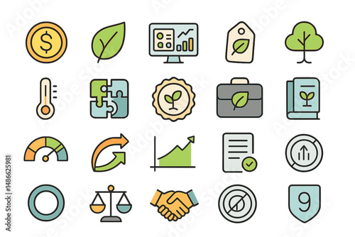 Icons representing environmental sustainability, nature, finance, and governance in a modern design