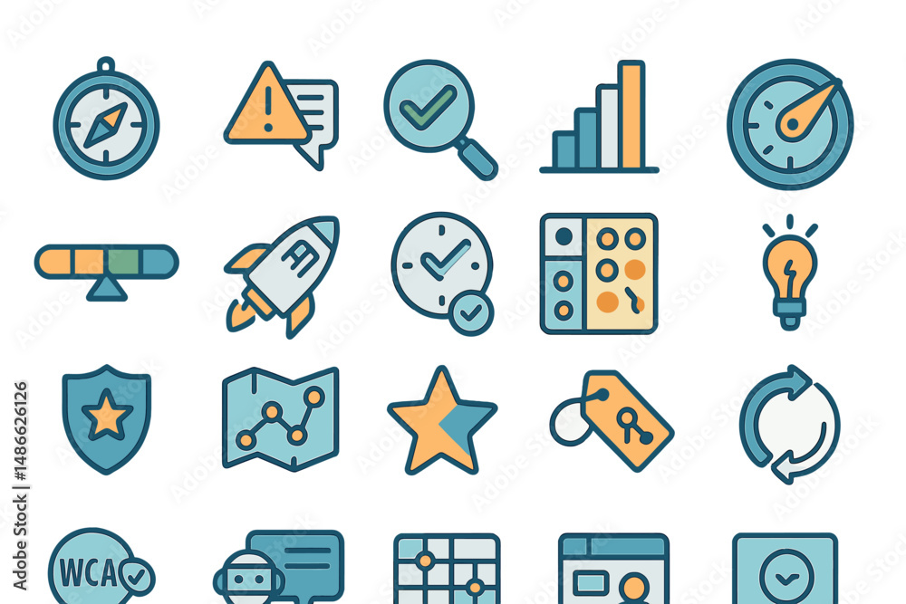Fototapeta premium Variety of colorful icons representing business, technology, and productivity concepts in a flat design style