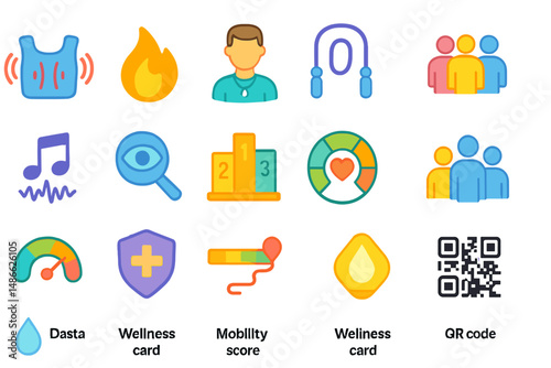 Health and wellness icons highlighting fitness, monitoring, and community engagement in a modern digital context