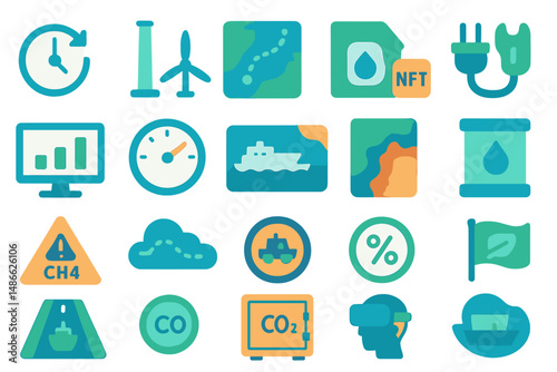 Various icons representing environmental sustainability, energy sources, and climate change impacts detailed in a colorful design