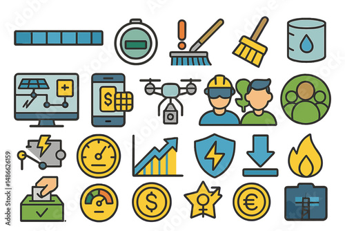 Icons representing various activities and concepts in technology, finance, and team collaboration