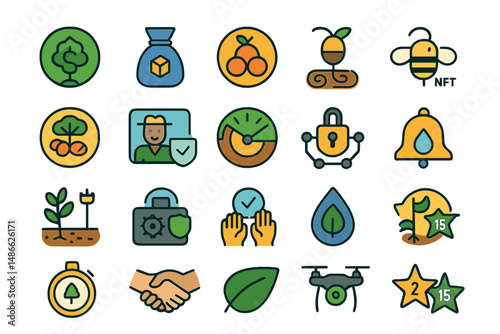Collection of colorful icons representing sustainability, agriculture, and technology concepts in a modern style