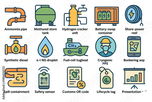 Collection of industrial icons representing energy, storage, and safety technology
