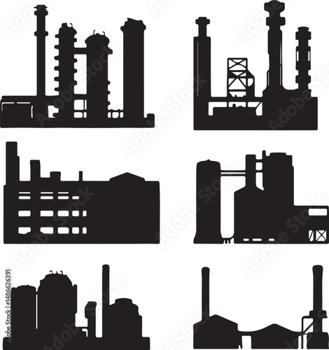Silhouette Industrial Factory Building Icons Set
