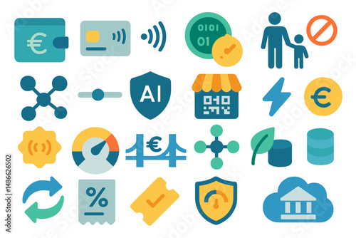 Collection of colorful icons representing finance, technology, and data analysis in a digital context