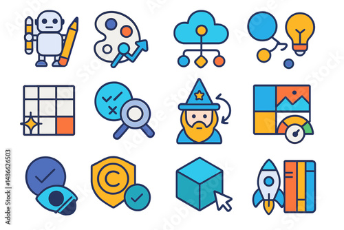 Creative tools and symbols illustrating innovation and technology concepts in vibrant design