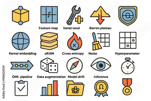Visual representation of machine learning concepts with icons and symbols related to data processing and model evaluation