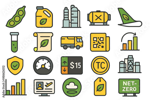 Circular economy icons illustrating sustainable practices in various industries and processes for environmental awareness