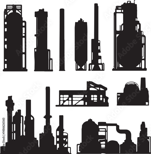 Industrial Plant Silhouettes: Vector Icons Set