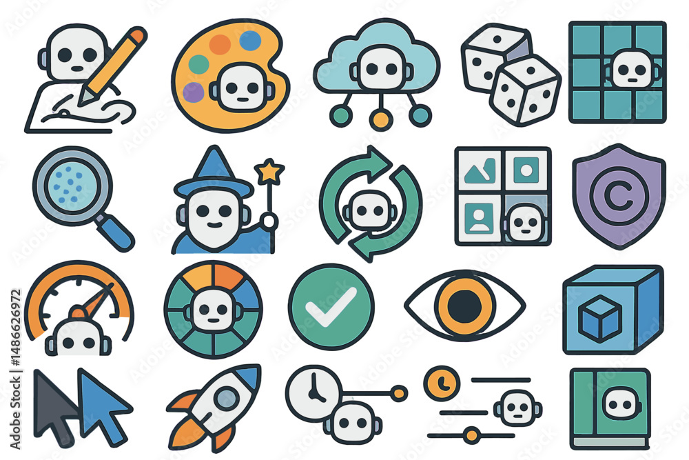 Versatile icons representing various technologies and activities centered around digital creativity and innovation in a modern design Versatile icons representing various technologies and activities centered around digital creativity and innovation in a modern design
