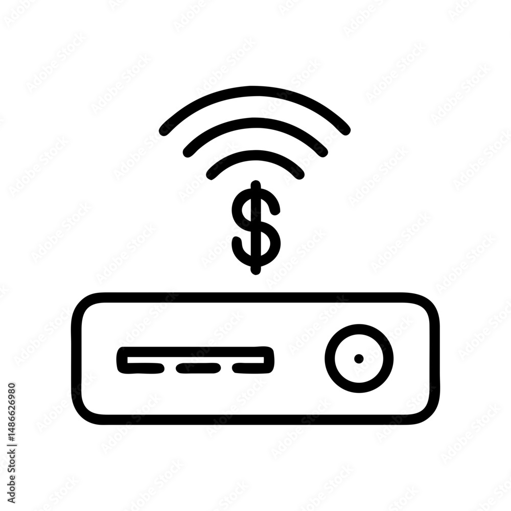 Wireless payment terminal with dollar symbol and signal waves Wireless payment terminal with dollar symbol and signal waves
