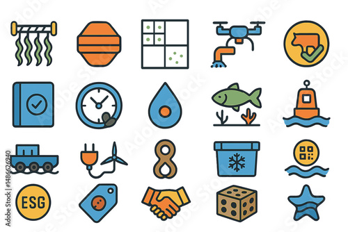 Collection of colorful icons representing various concepts related to technology, sustainability, and marine life in a creative design