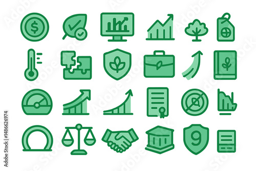 Collection of green icons representing sustainability, finance, and data analytics in a digital design