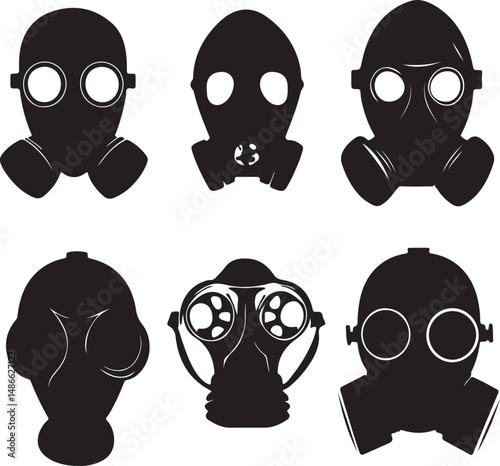 Gas Mask Vector Silhouettes: Protective Gear, Safety Equipment Icons