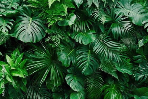 Lush tropical foliage wall, various vibrant green leaves. Dense arrangement of tropical plants, ferns, and large leaves create a vibrant backdrop