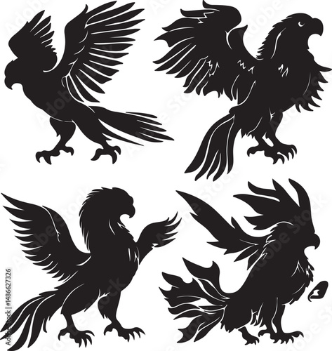 Silhouette Eagles Vector: Heraldic Birds, Graphic Design Elements