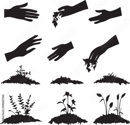Black Silhouette Hands Planting Seeds in Soil Vector Illustration