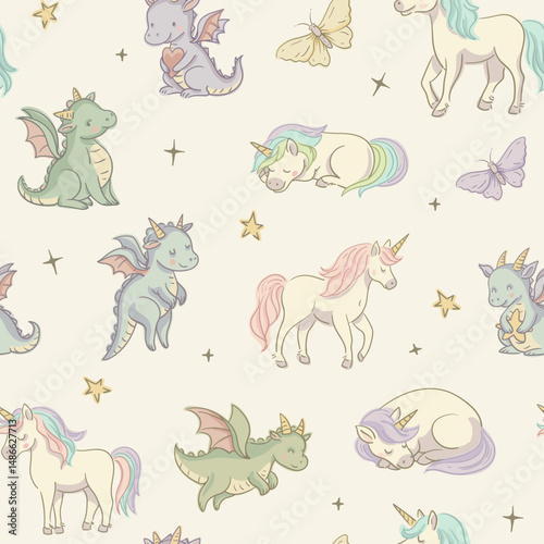 Cute Cartoon Dragon and Unicorn Seamless Pattern, Whimsical Vector Character