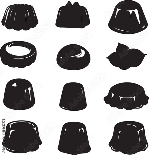 Black and White Jello Dessert Mold Silhouettes Vector Graphics