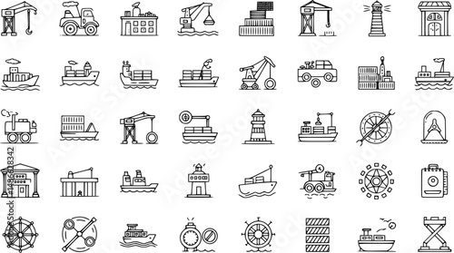 Marine port icons set. Outline set of marine port vector icons for web design isolated on white background
