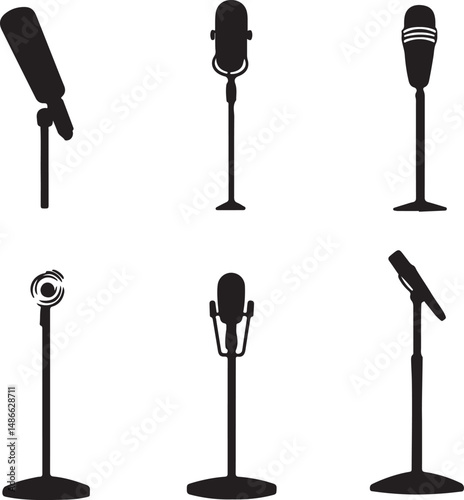 Microphone Silhouettes: Vintage Mic Stands, Black Vector Art Set