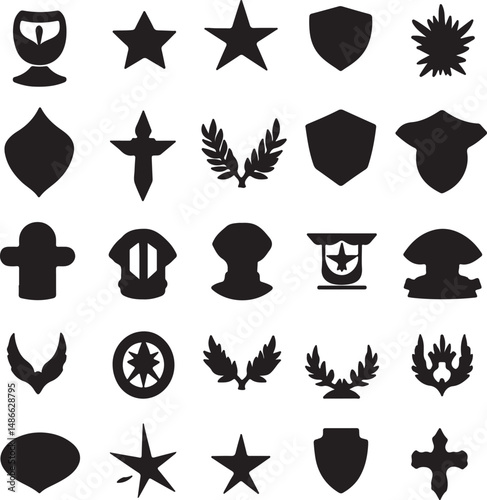 Black and White Silhouette Vector Graphic of Various Heraldic Symbols