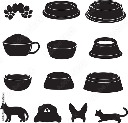 Black Silhouette Pet Bowls, Paw Prints, Cats, Dogs, and Food Icons