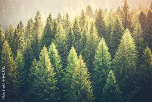 Lush green pine trees densely packed in a forest. Sunlight filters through the canopy, creating a warm, serene atmosphere